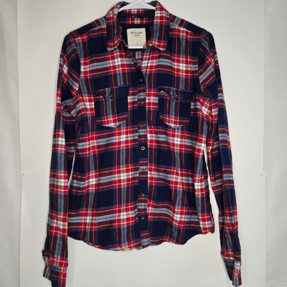 Abercrombie & Fitch Red Navy Plaid Flannel Button Down Shirt Womens Large